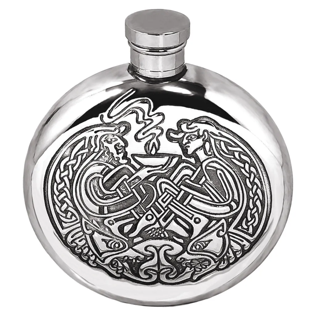 6oz Round Pewter Hip Flask with Intricate Celtic Design