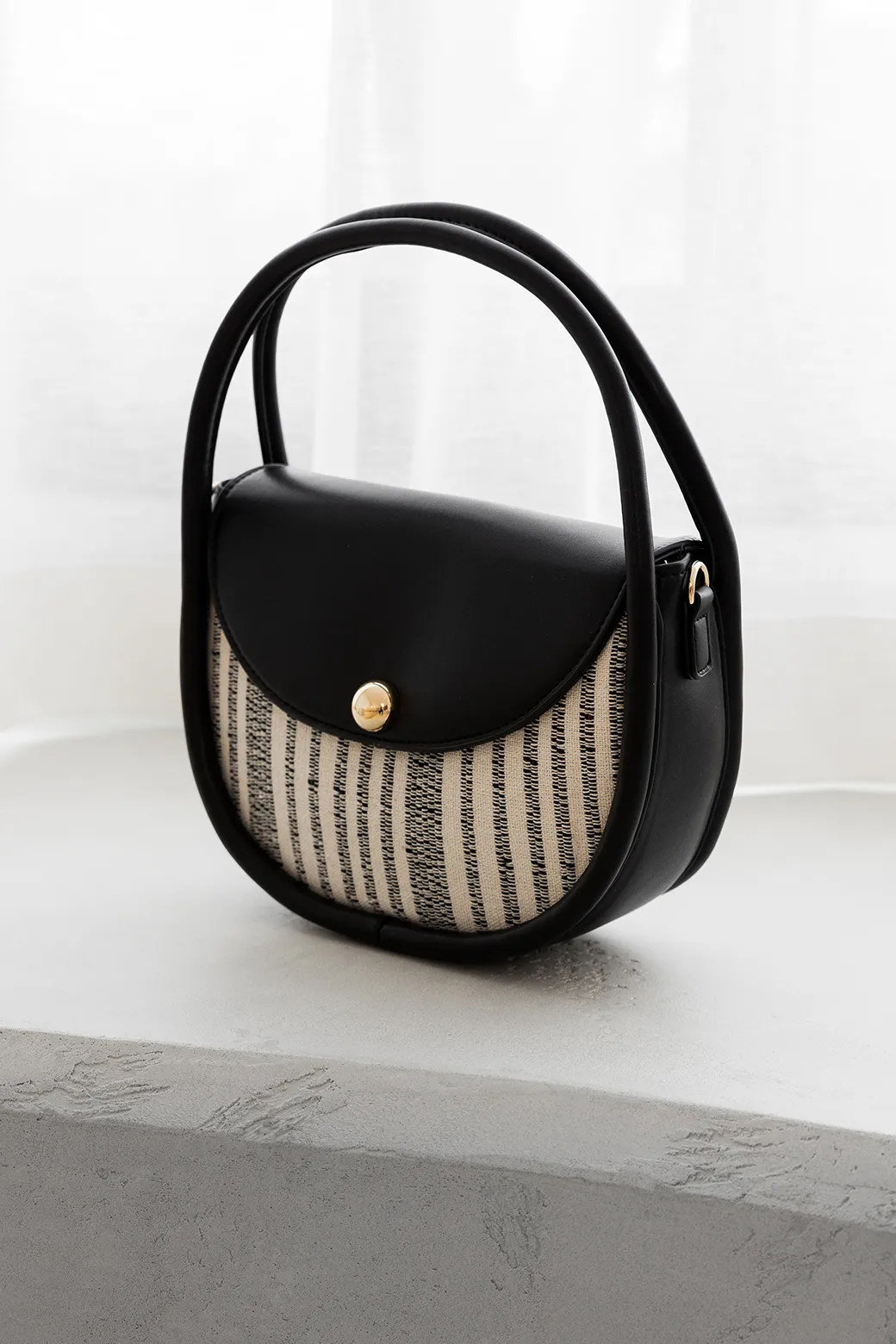 Adorne Violetta Stripe Weave Circular Mini Bag Black