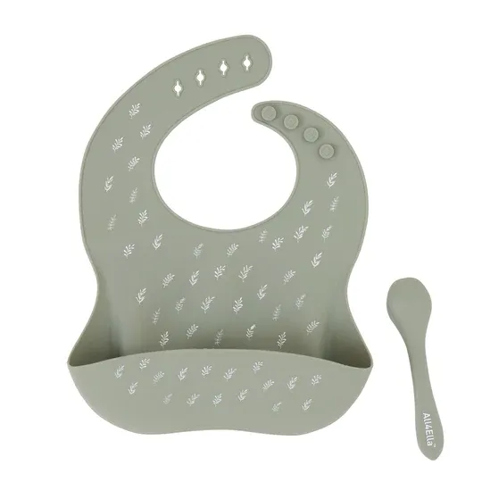 All4ella Silicone Catch Bib and Spoon - Olive