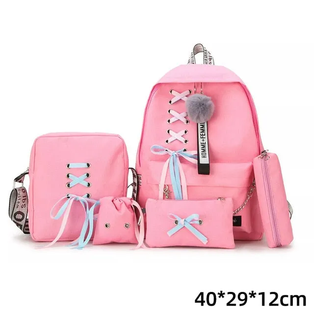 Backpacks Fashion Women 5 Set School Korean Design College School Bags For Teenage Girls Kids Shoulder Bag