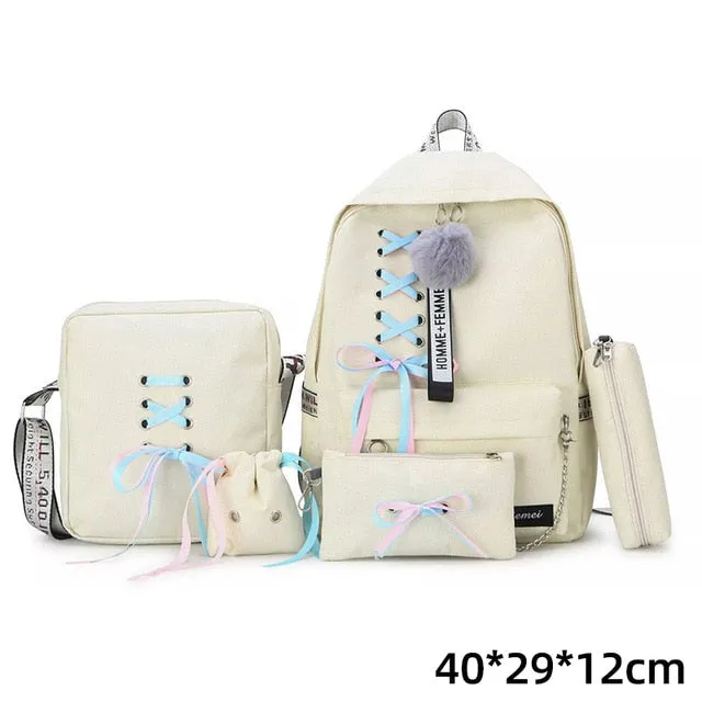 Backpacks Fashion Women 5 Set School Korean Design College School Bags For Teenage Girls Kids Shoulder Bag