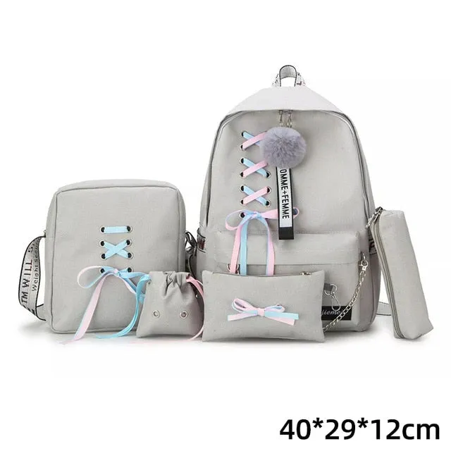 Backpacks Fashion Women 5 Set School Korean Design College School Bags For Teenage Girls Kids Shoulder Bag