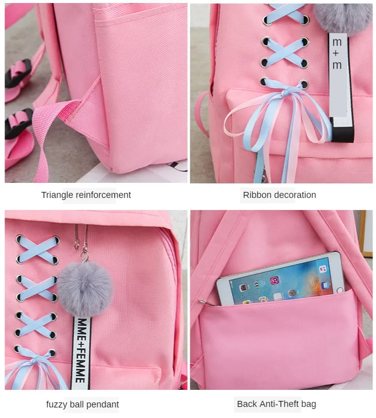 Backpacks Fashion Women 5 Set School Korean Design College School Bags For Teenage Girls Kids Shoulder Bag