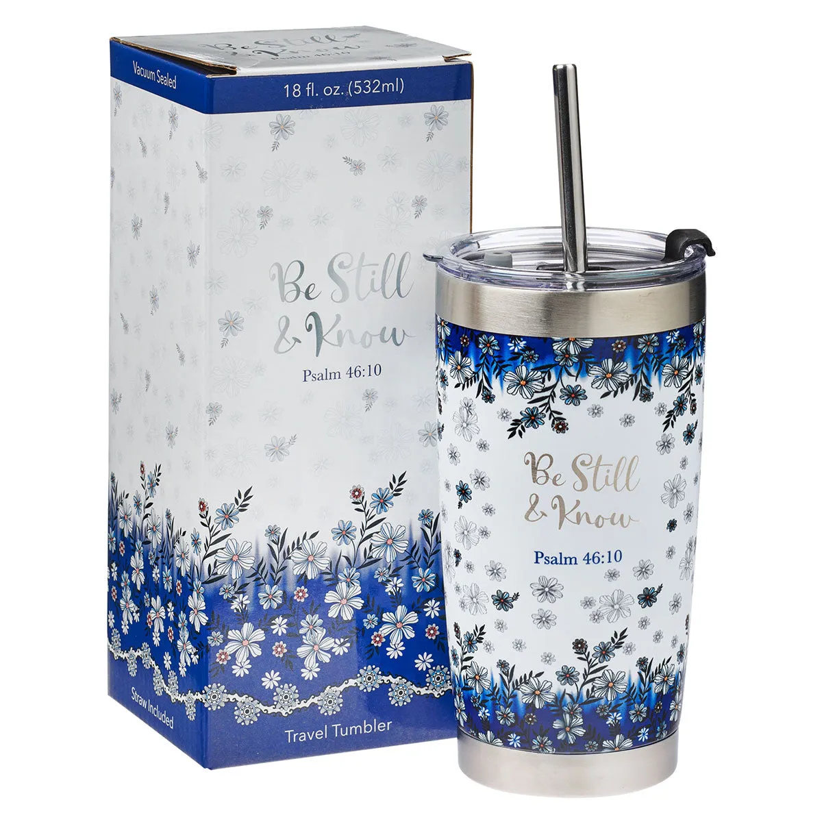 Be Still & Know Blue Floral Stainless Steel Travel Mug with Reusable Stainless Steel Straw - Psalm 46:10