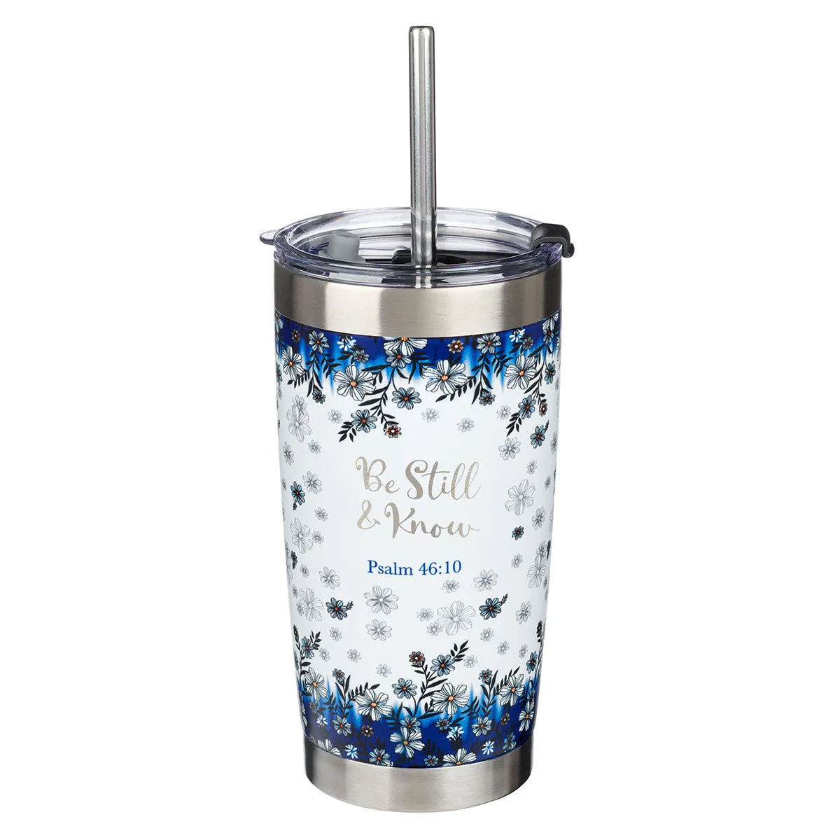 Be Still & Know Blue Floral Stainless Steel Travel Mug with Reusable Stainless Steel Straw - Psalm 46:10