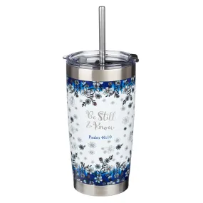 Be Still & Know Blue Floral Stainless Steel Travel Mug with Reusable Stainless Steel Straw - Psalm 46:10