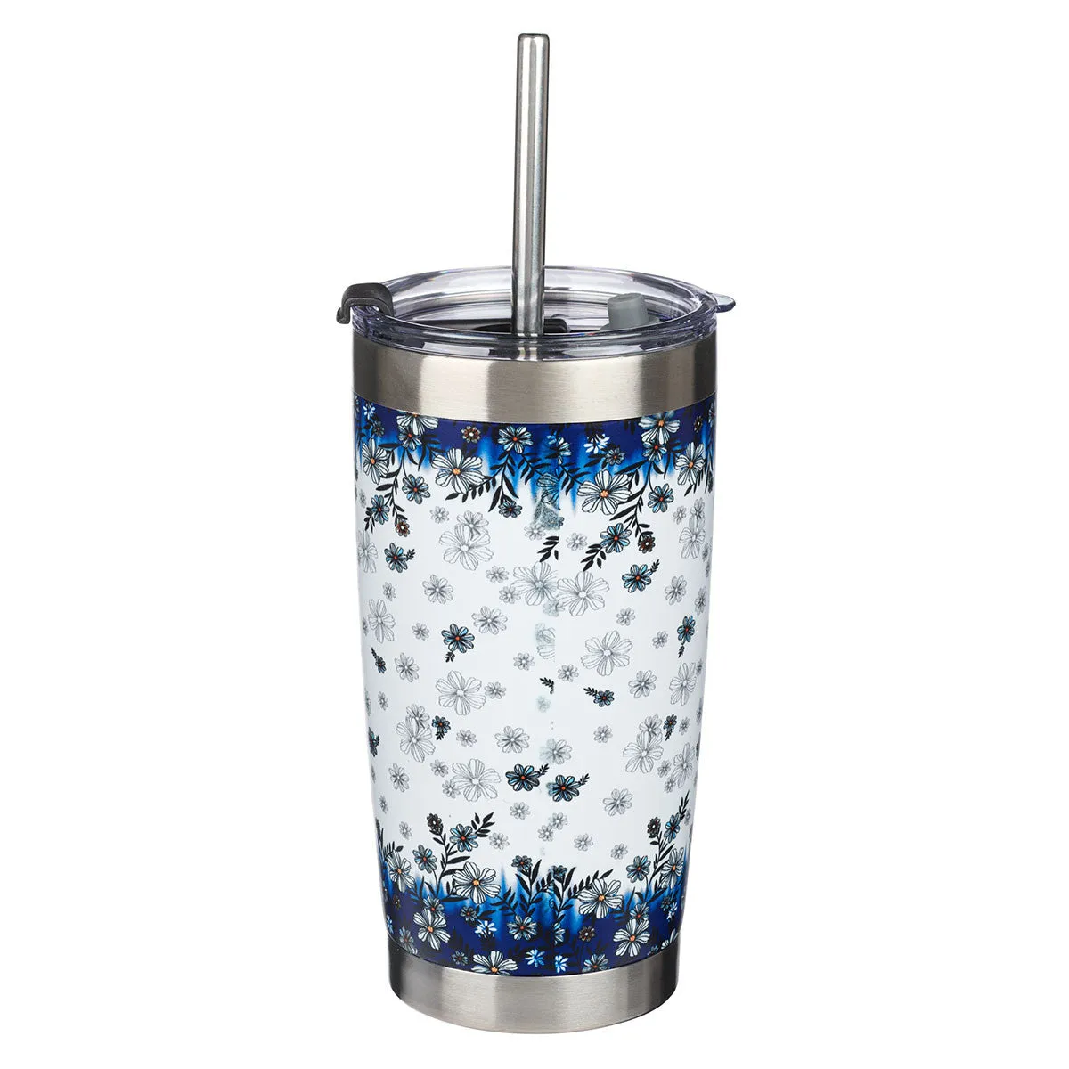 Be Still & Know Blue Floral Stainless Steel Travel Mug with Reusable Stainless Steel Straw - Psalm 46:10