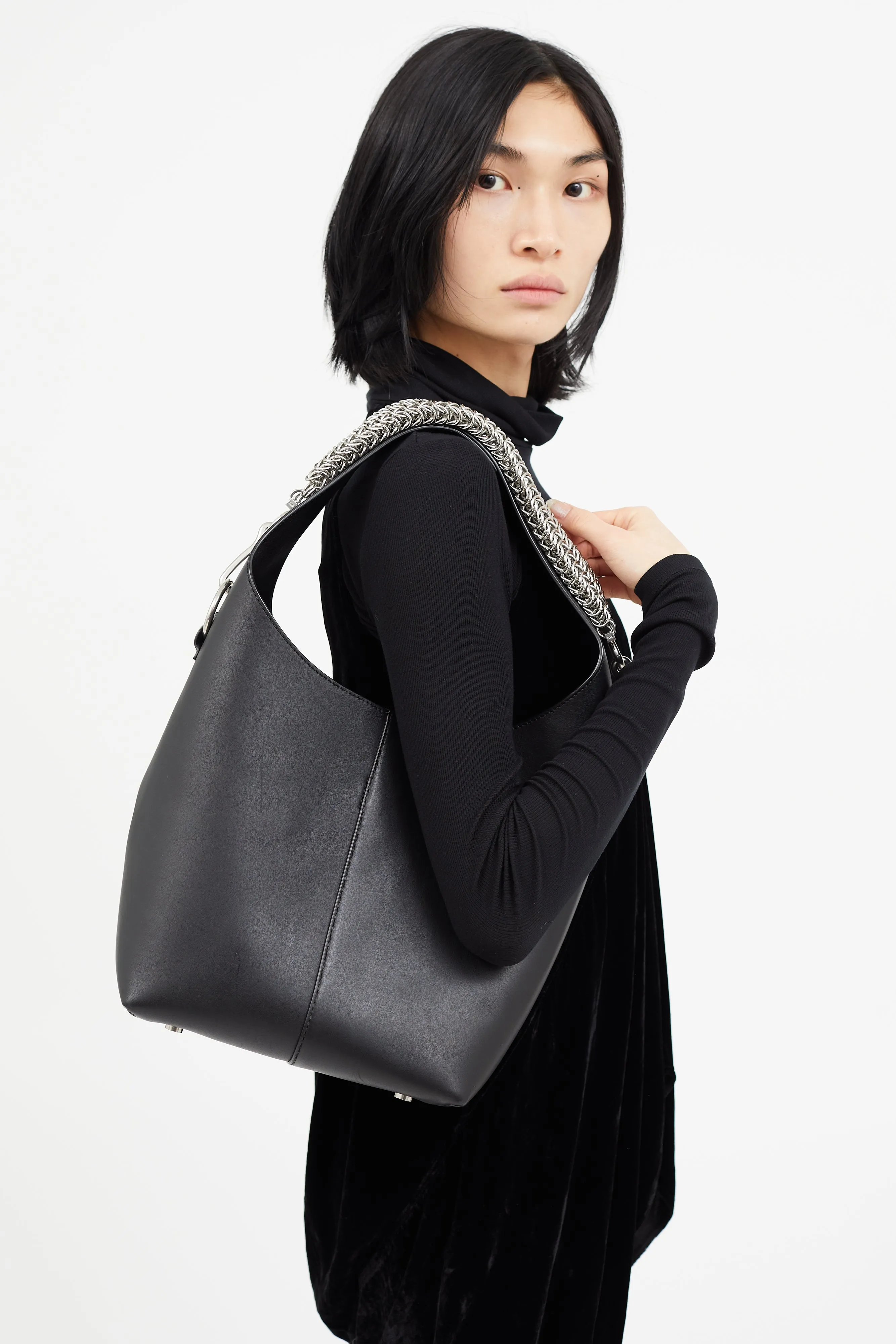 Black Leather Genesis Box Chain Shoulder Bag