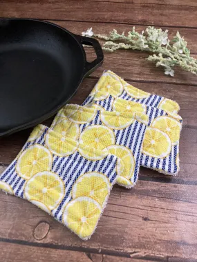 Blue Stripes and Lemons Reusable Kitchen Sponges - Perfect for cleaning dishes, counters and Cast Iron Pots. Mesh side for extra cleaning power.