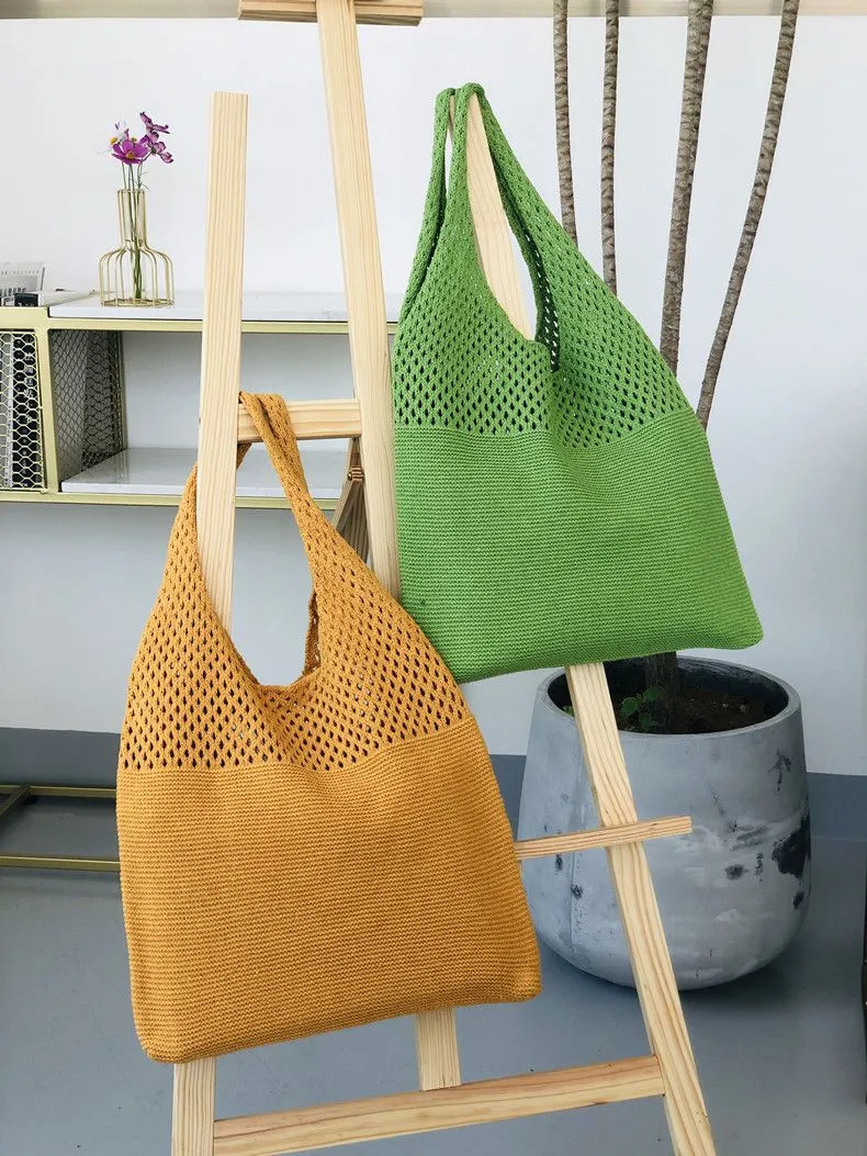 Boho Crochet Block Net Knitted Travel Tote Bags