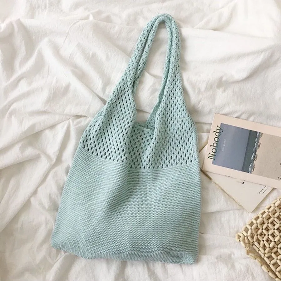 Boho Crochet Block Net Knitted Travel Tote Bags