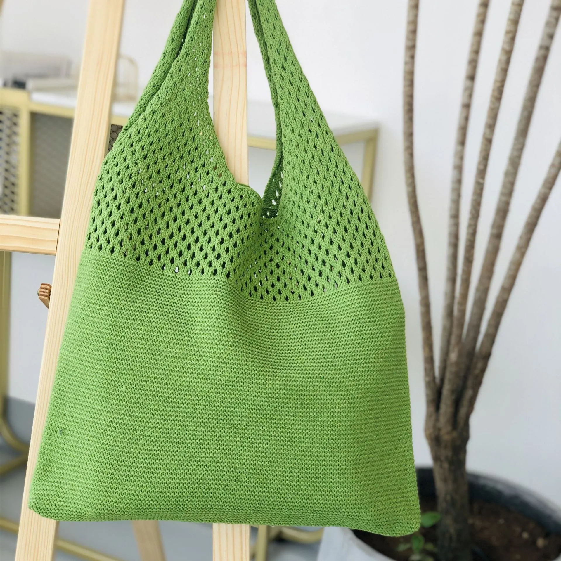 Boho Crochet Block Net Knitted Travel Tote Bags