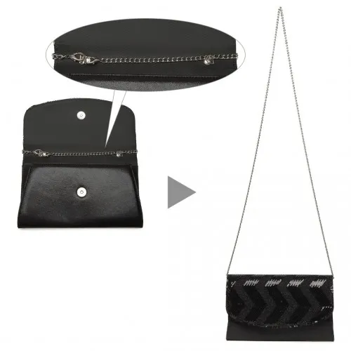 Elegant Miss Lulu Sequins Evening Clutch Bag - Black | Versatile Chain Shoulder Bag