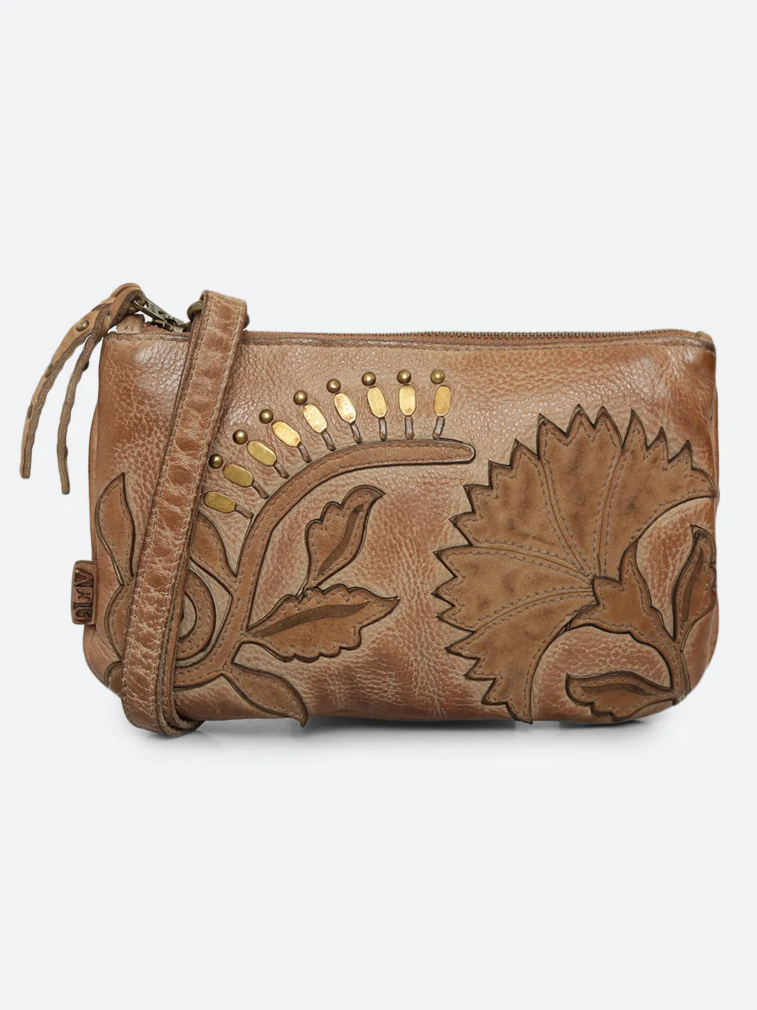 Fresia: Sand Leather Flower Patchwork Crossbody Clutch