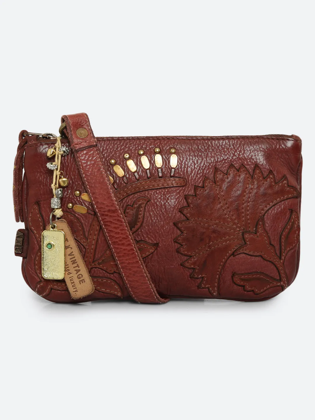 Fresia: Sand Leather Flower Patchwork Crossbody Clutch