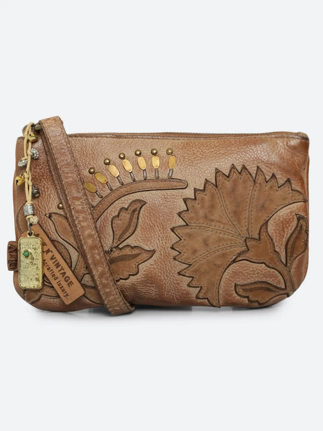 Fresia: Sand Leather Flower Patchwork Crossbody Clutch