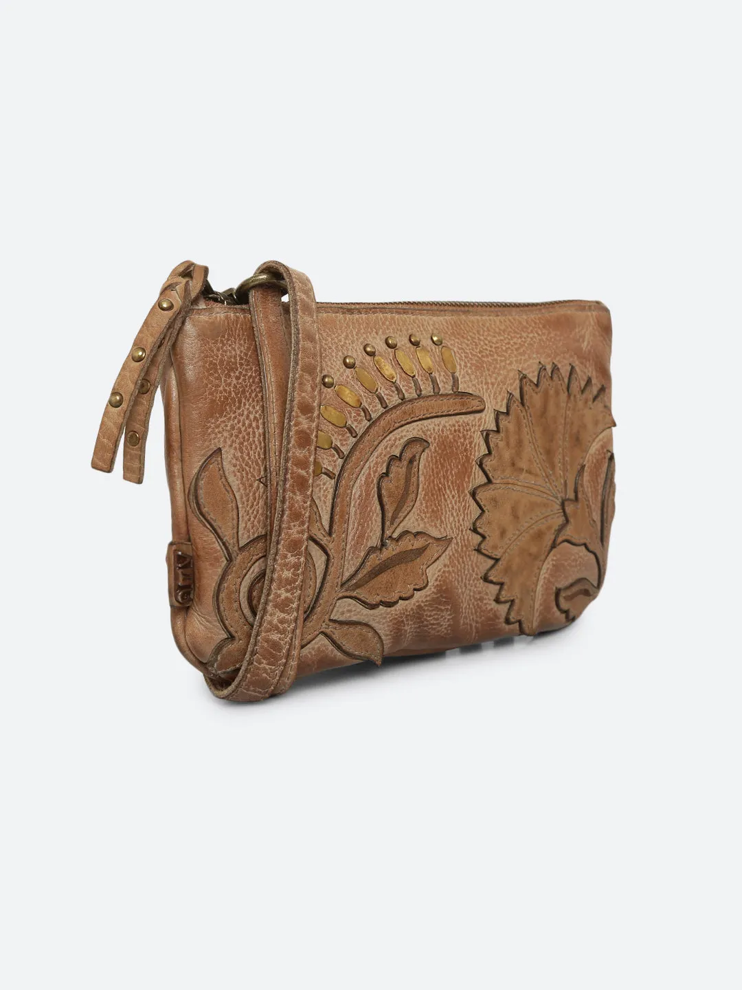 Fresia: Sand Leather Flower Patchwork Crossbody Clutch