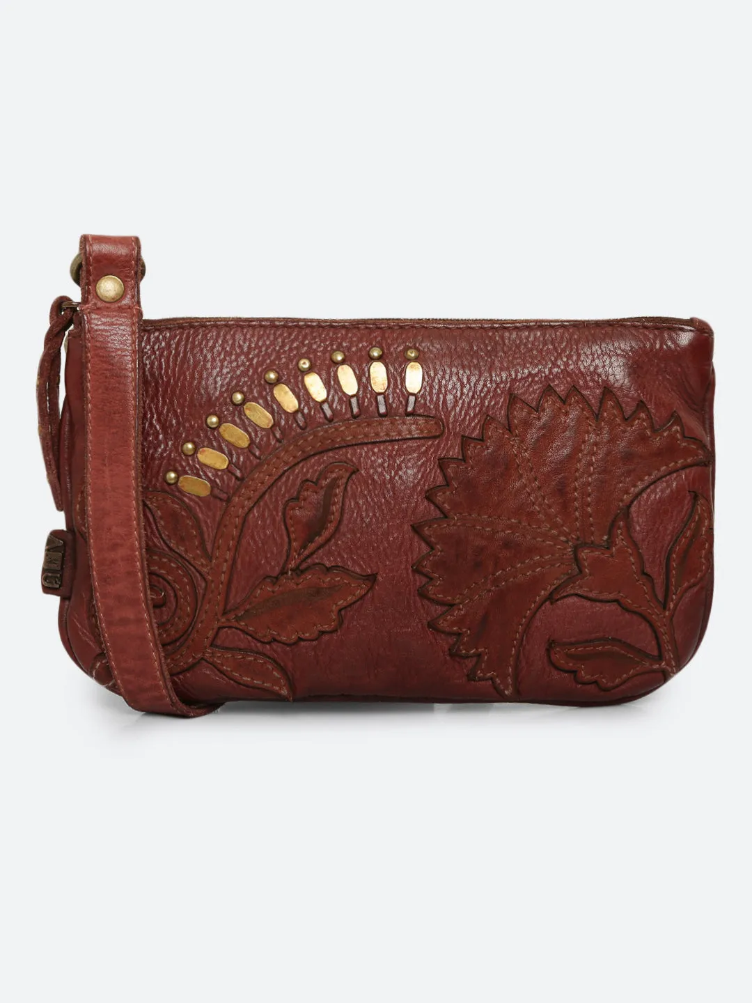 Fresia: Sand Leather Flower Patchwork Crossbody Clutch