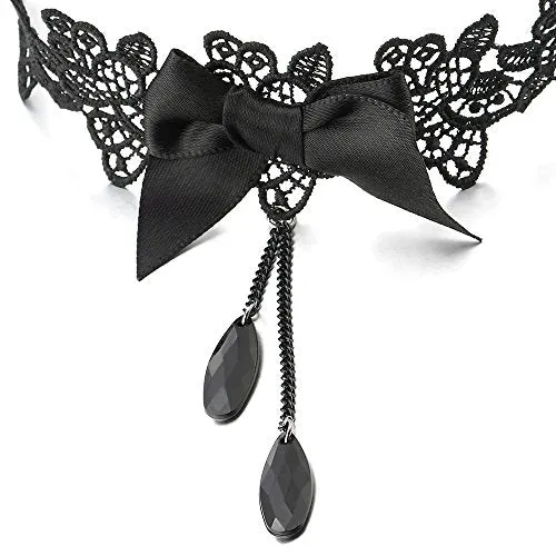 Gothic Victorian Nostalgic Women Black Lace Bow Choker Necklace with Black Chain Beads Charm Pendant