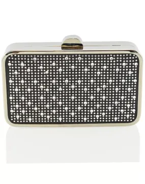 JASMINE CHROME PLATED DETAIL CLASP DIAMANTE CLUTCH EVENING BAG IN BLACK SATIN