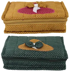 Kuber Industries Cotton Multipurpose 7 Pocket Dot Printed Jewellery Storage Bag Pouch/Travel Kit Organizer (Green & Gold)-Pack of 2-KUBMART15459