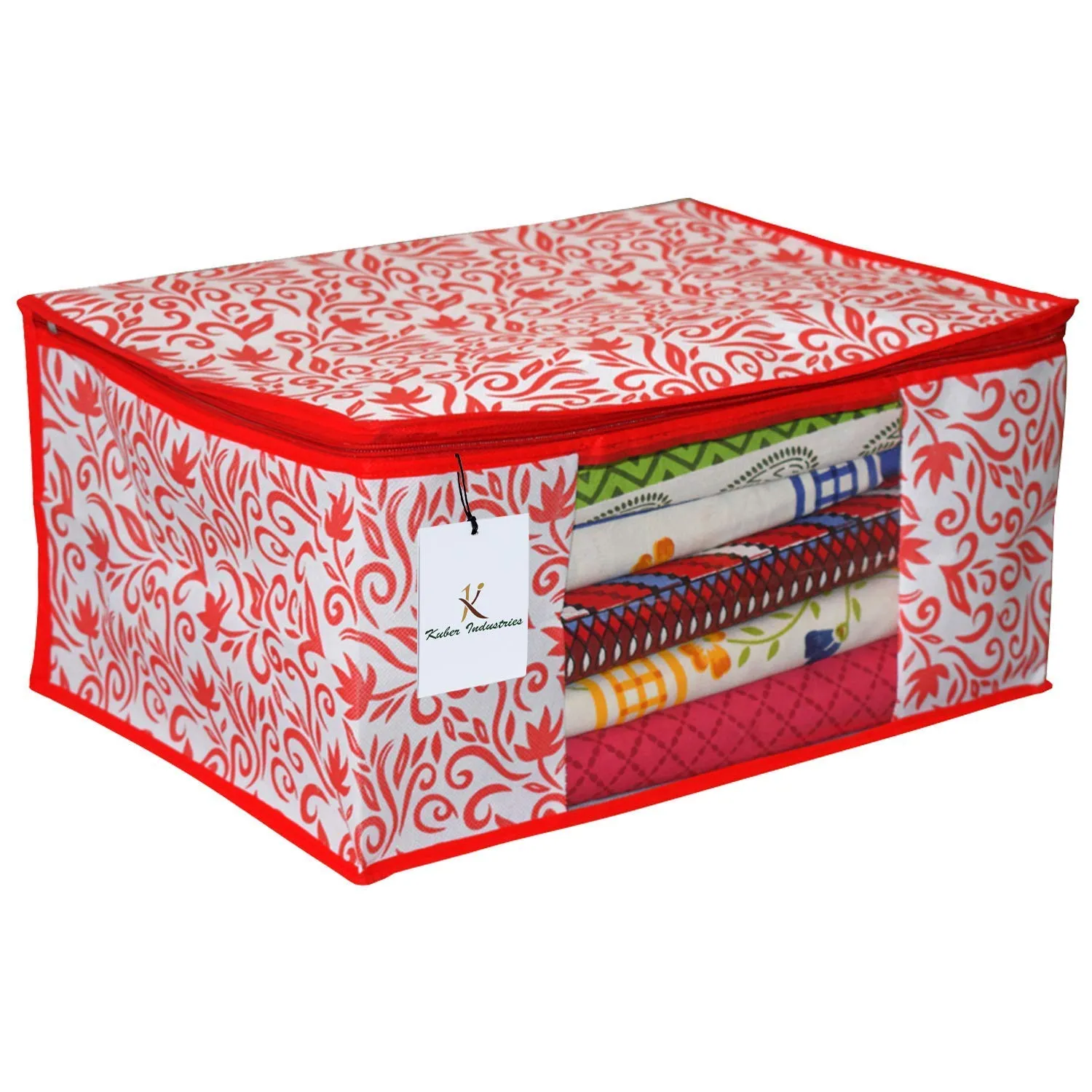 Kuber Industries Leaf Design Non Woven 2 Pieces Saree Cover and 2 Pieces Underbed Storage Bag, Cloth Organizer for Storage, Blanket Cover Combo Set (Red) -CTKTC038668