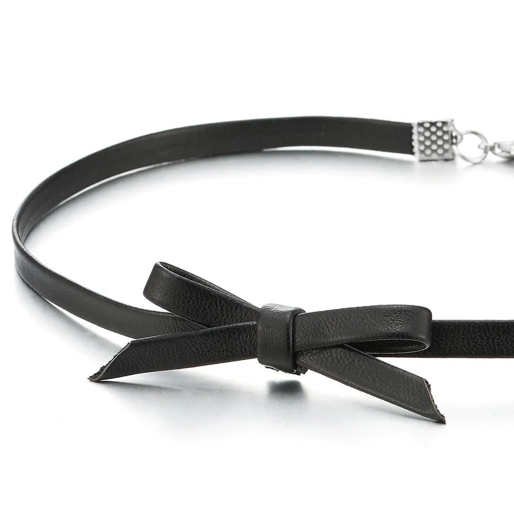 Ladies Black Leather Bow Choker Necklace Pendant