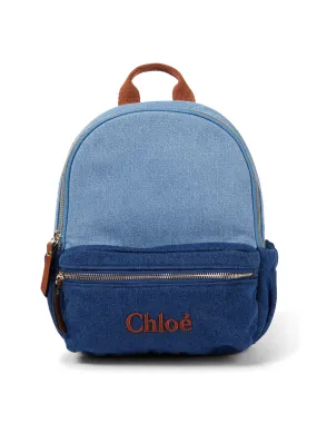 Leather-trimmed denim backpack