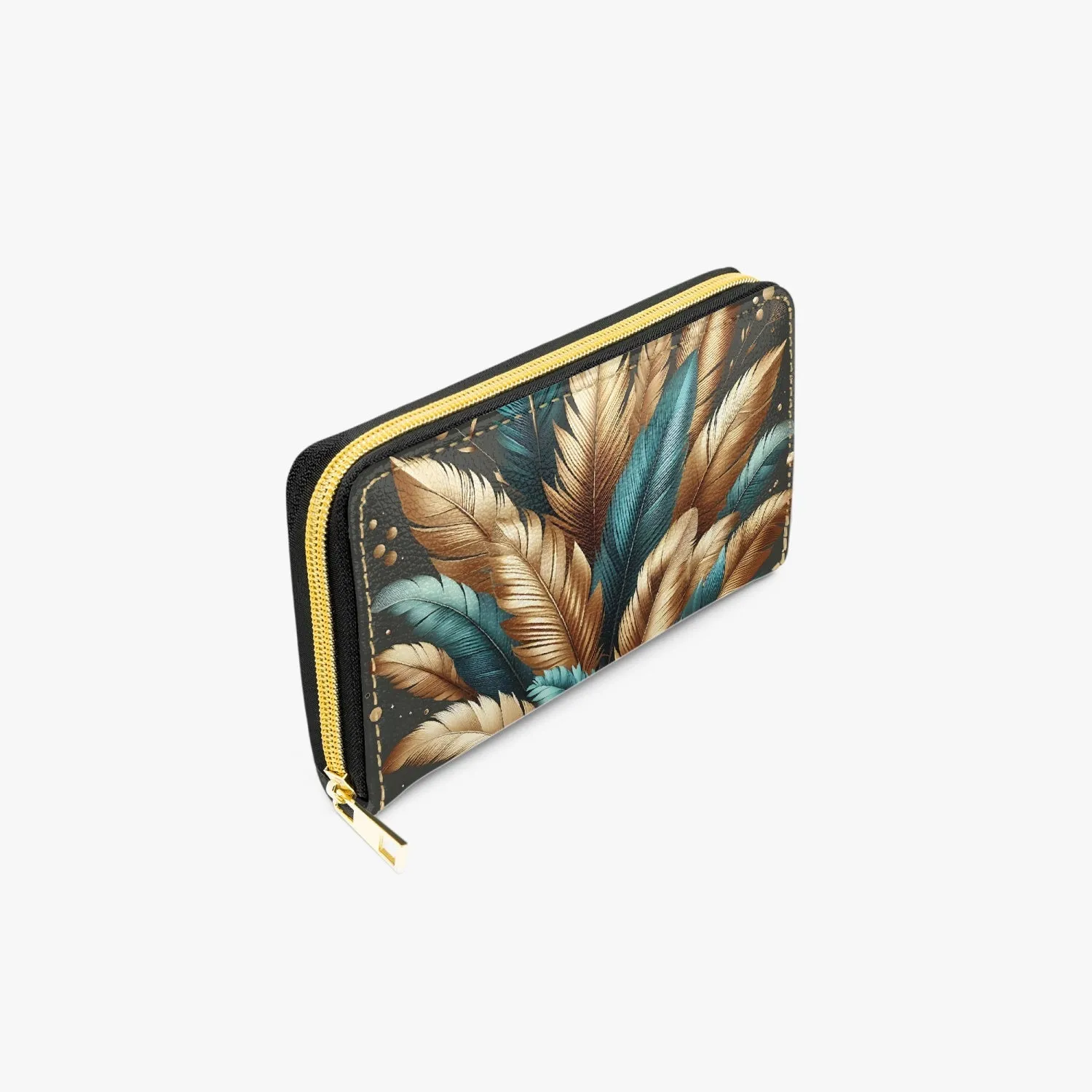 Long Type Zipper Purse, Green and gold leaves, awd-308