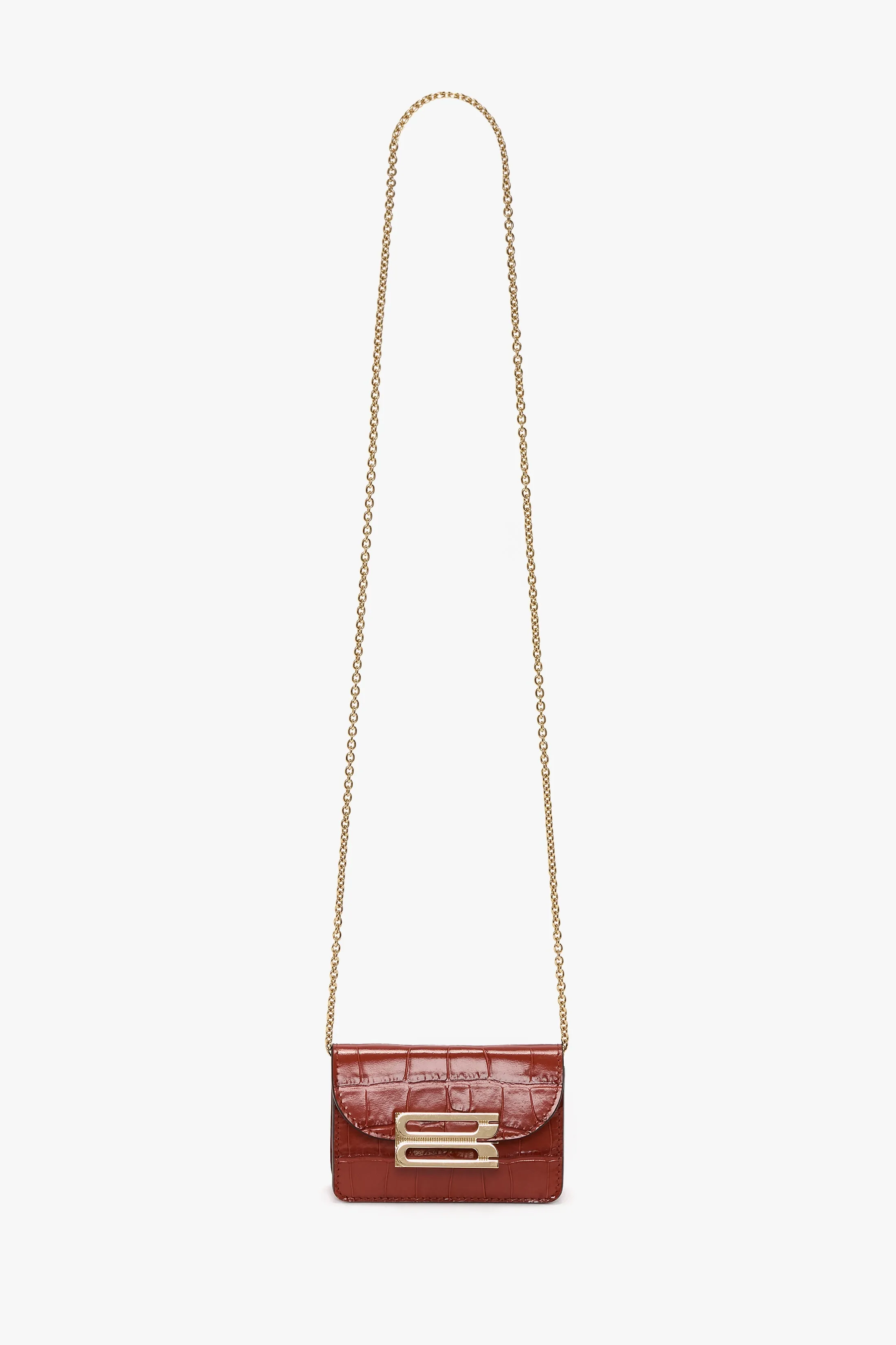 Micro Dorian Bag With Chain Strap In Brick Red Croc Embossed Leather