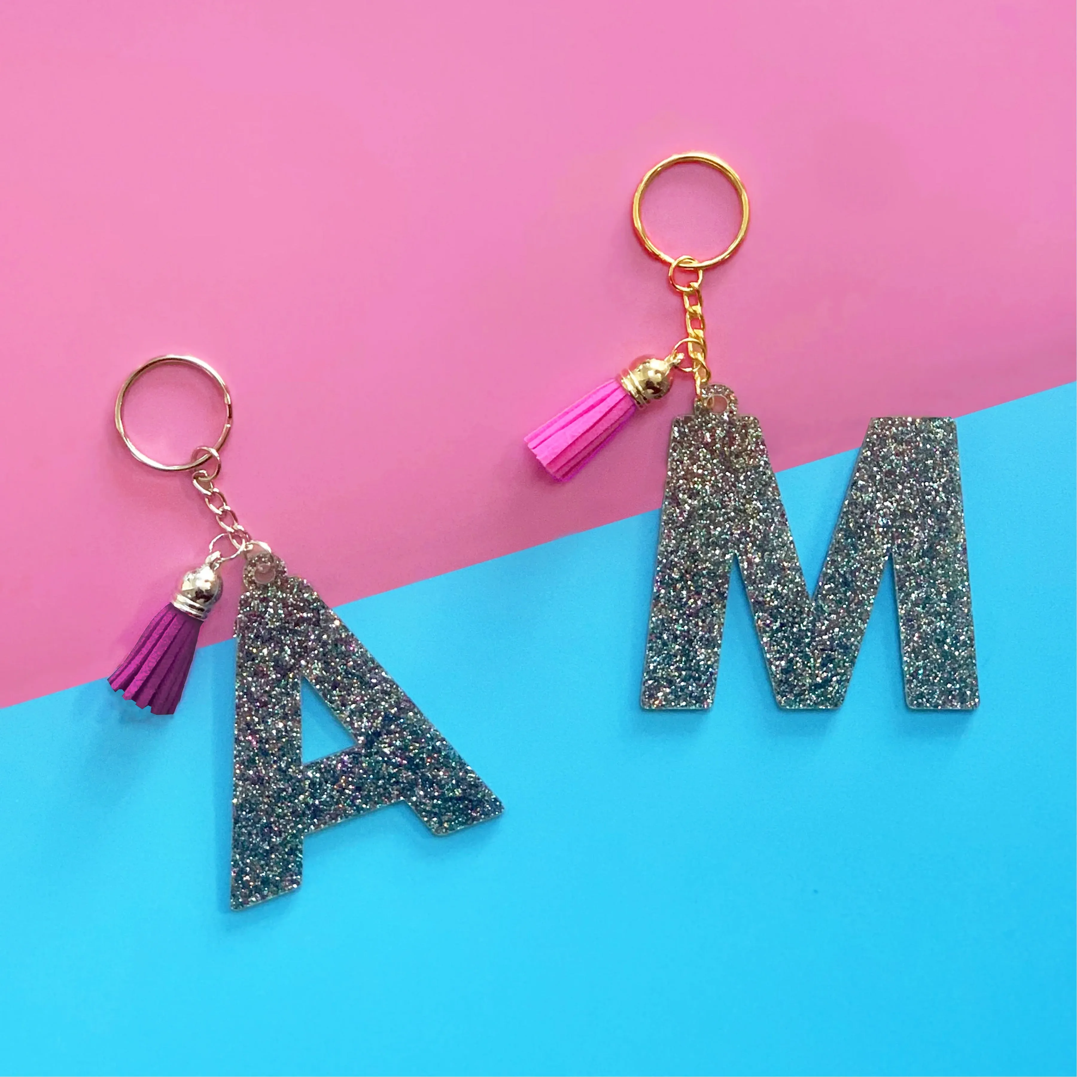 Multicolor Glitter Acrylic Initial Keychain with Tassel