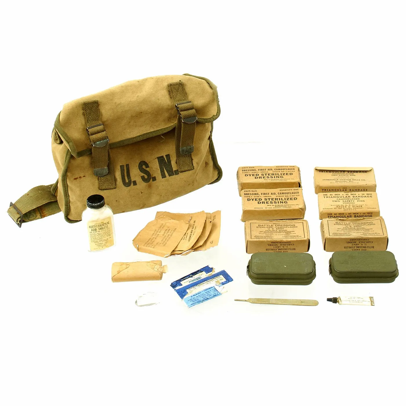 Original U.S. WWII U. S. Navy First Aid Medical Corpsman Shoulder Bag Medical Kit with Supplies