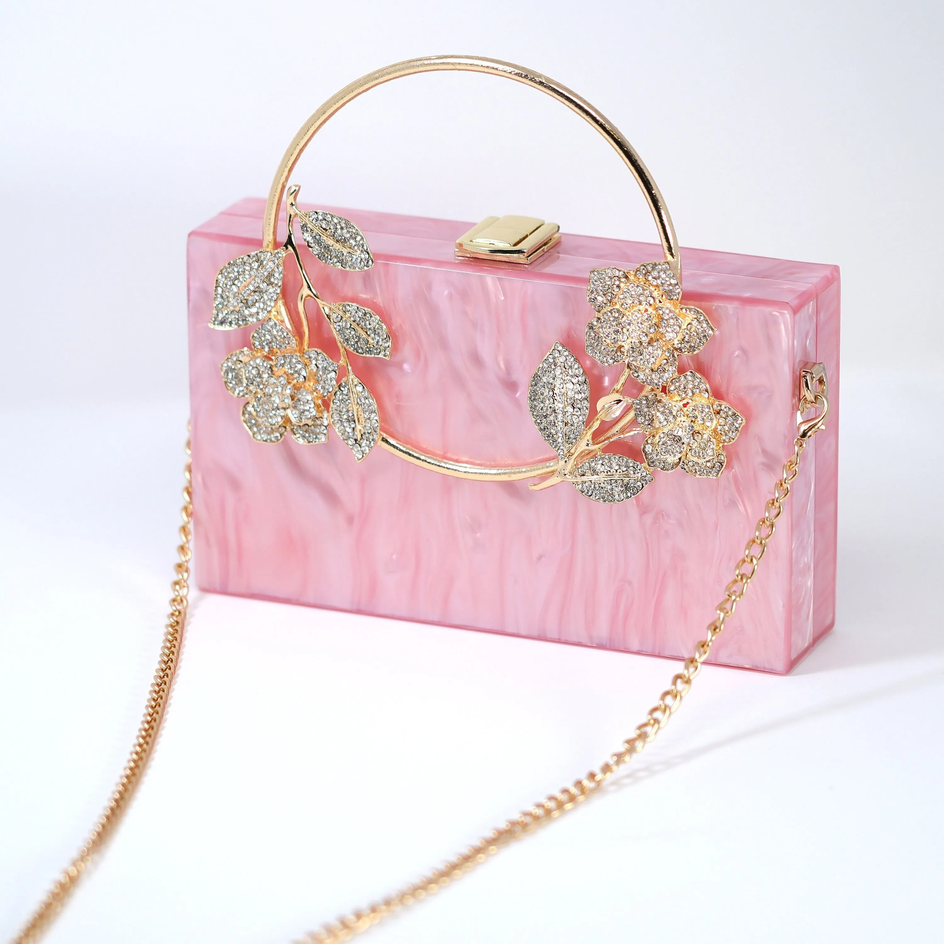 Pink Gold Floral Acrylic Rhinestones Wedding Bag, Statement Bag, Evening Clutch, Wedding Clutch, Bridal Clutch, Bridal Cross body bag.