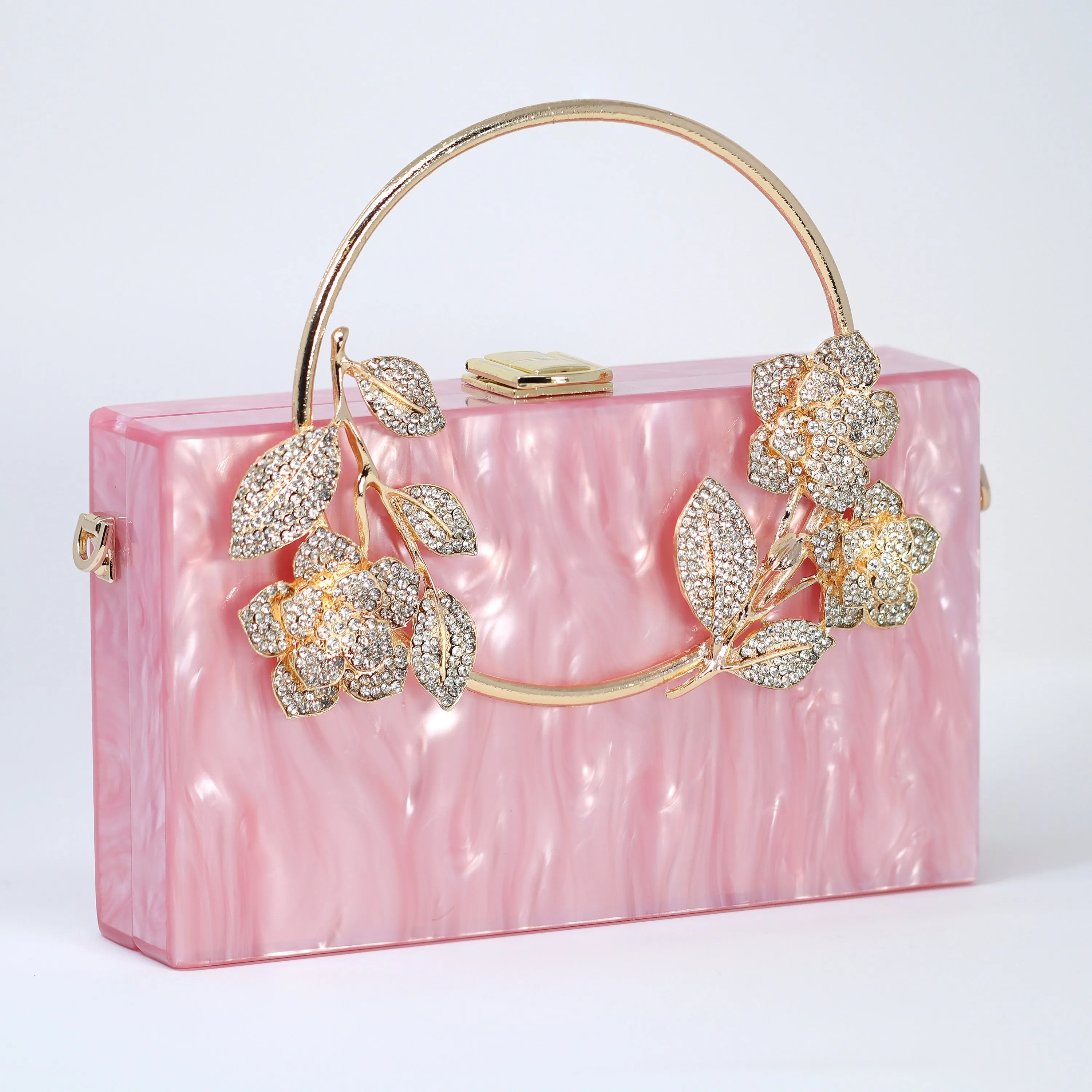 Pink Gold Floral Acrylic Rhinestones Wedding Bag, Statement Bag, Evening Clutch, Wedding Clutch, Bridal Clutch, Bridal Cross body bag.