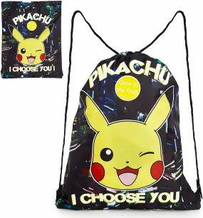 Pokemon Drawstring, Gym, Lightweight Black Bag, Glow in the Dark Kids Adults