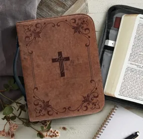 Printed Cross PU Leather Organizer and Bible Cover, Large Size (11.2” x 8”)Bible Case With Handle, Zippered Bible Case With Pen Storage, Portable Church Bag, Handbag With Handle Zippered Pockets