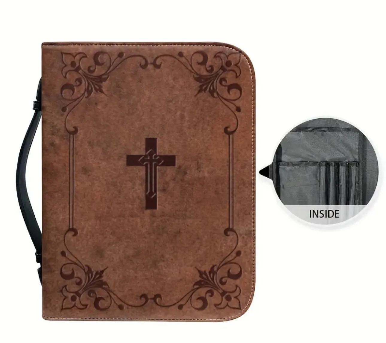 Printed Cross PU Leather Organizer and Bible Cover, Large Size (11.2” x 8”)Bible Case With Handle, Zippered Bible Case With Pen Storage, Portable Church Bag, Handbag With Handle Zippered Pockets