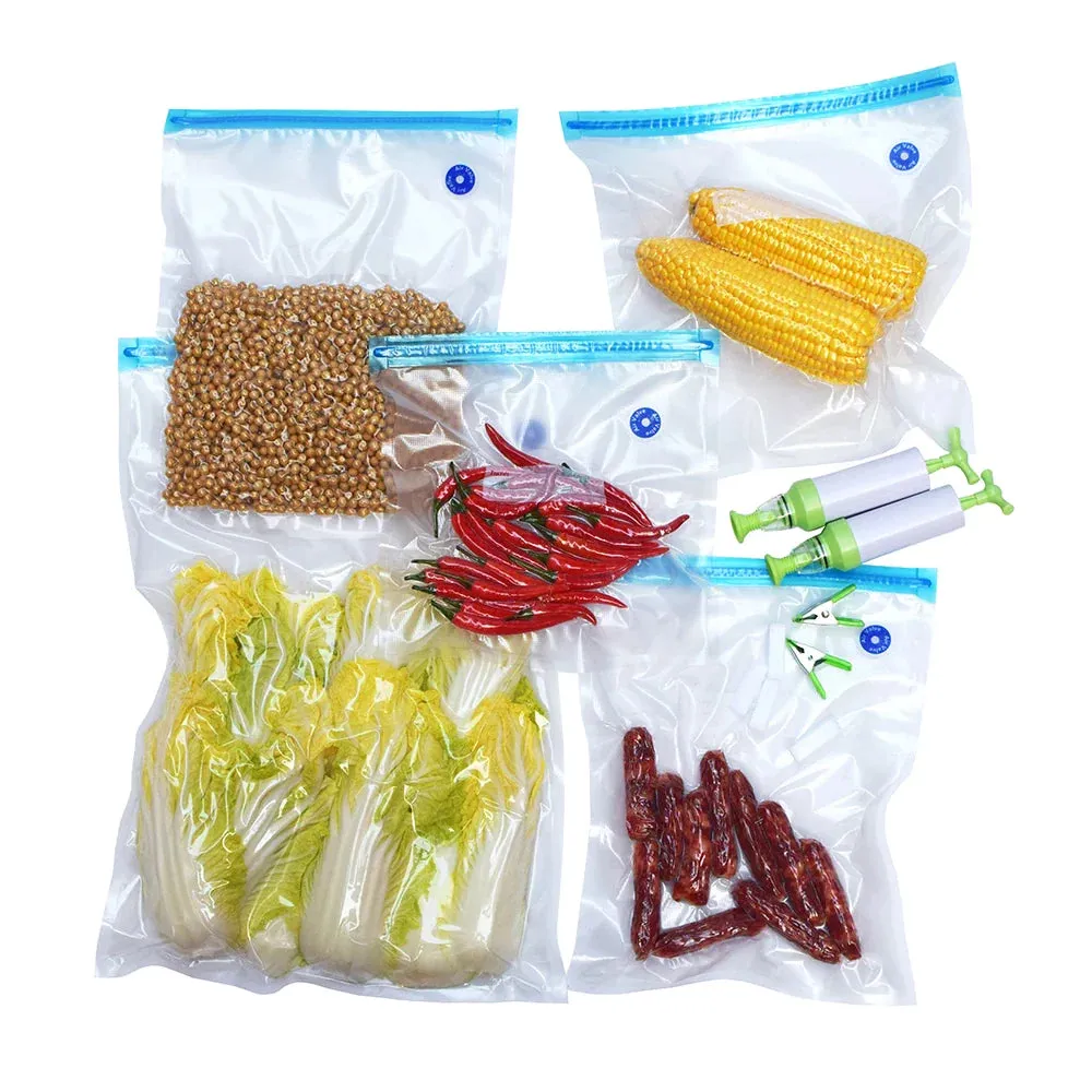 Reusable Vacuum Bags for Food Storage Seal Bags Set Ziplock Freezer Bag with Hand Pump Bag Sous Vide Bags Packages for Freezing