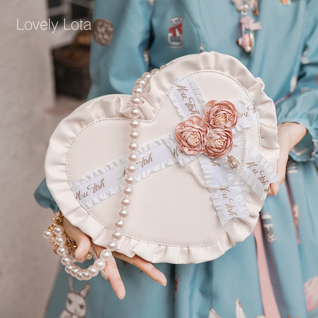 Sweet Heart Shaped Cross Body Bag Mori Girl Pearl Chain Lolita Bag by Lovely Lota