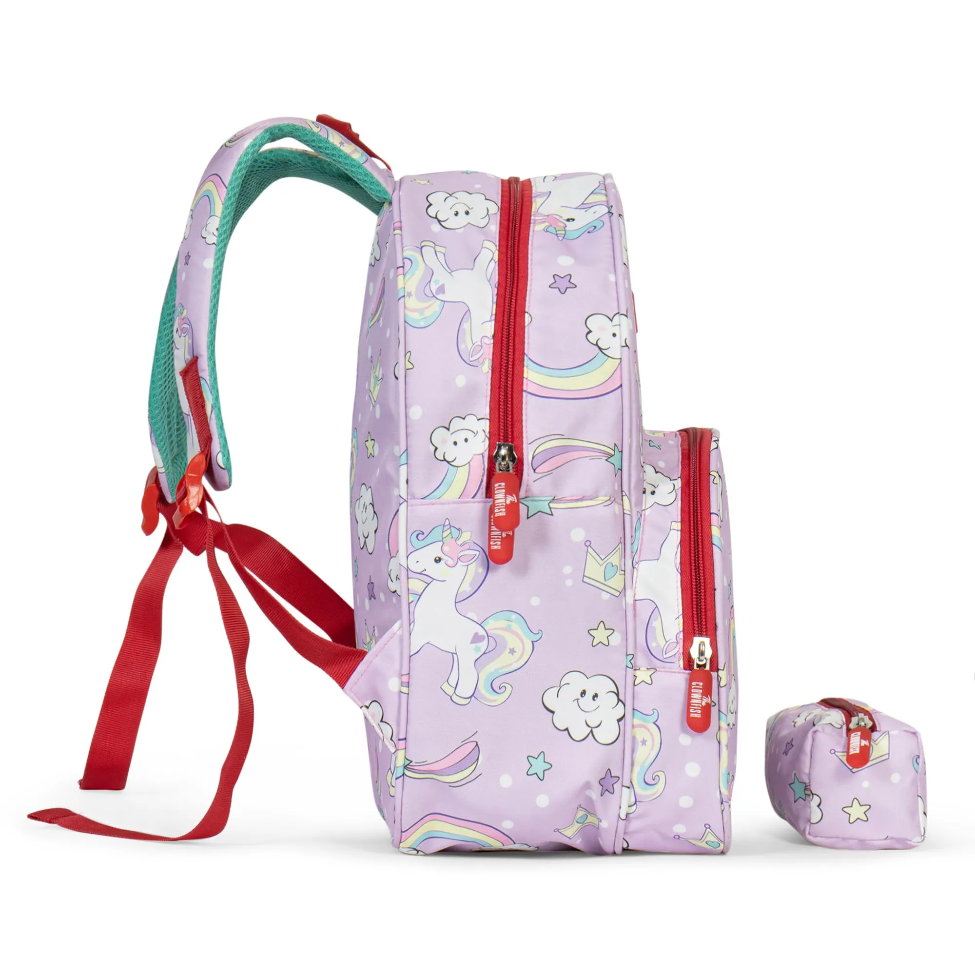 THE CLOWNFISH Cosmic Critters Series Printed Polyester 15 Litres Kids Backpack School Bag with Free Pencil Staionery Pouch Daypack Picnic Bag for Tiny Tots Of Age 5-7 Years (Lavender - Unicorn)