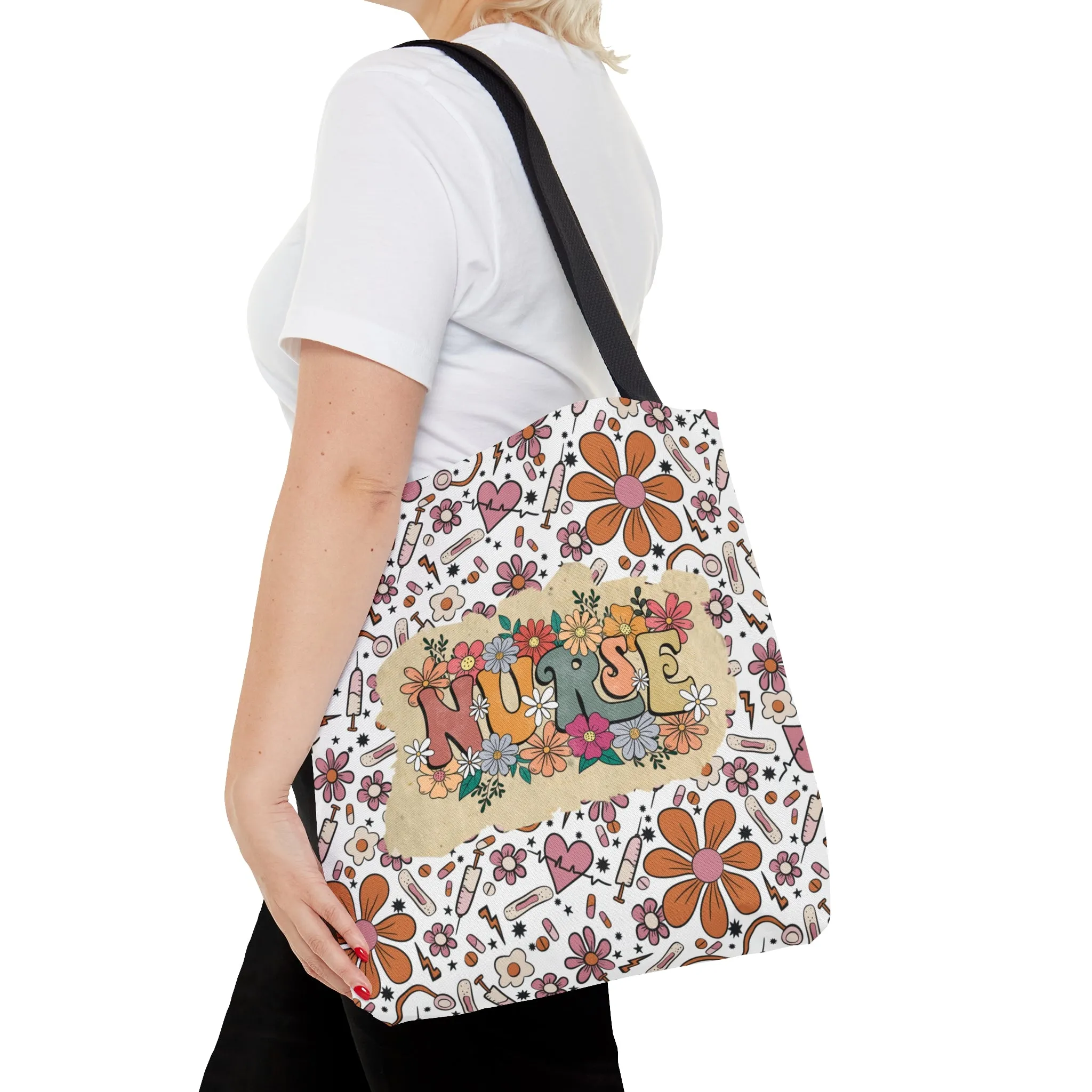 Tote Bag, Retro flowers Nurse bag, Medical Background, Retro Floral Tote Bag Nurse Tote Bag