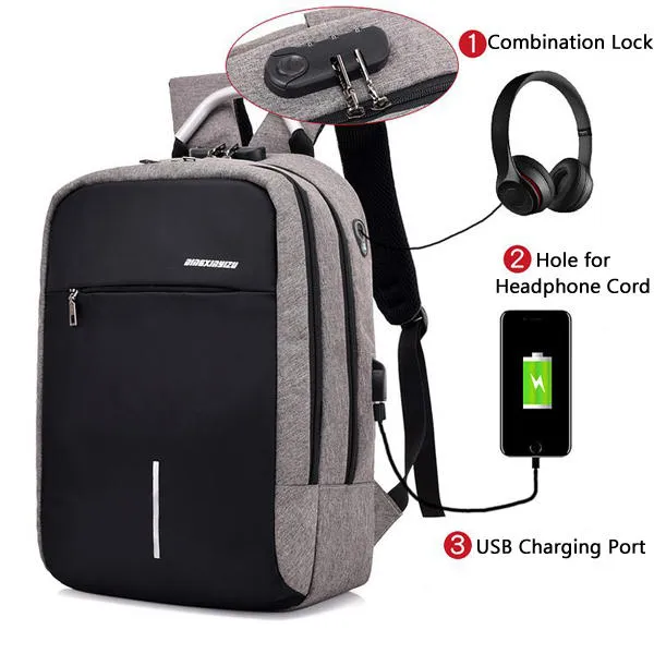 Travel Laptop Backpack Anti Theft Bag with Combination Lock & USB Charging Port