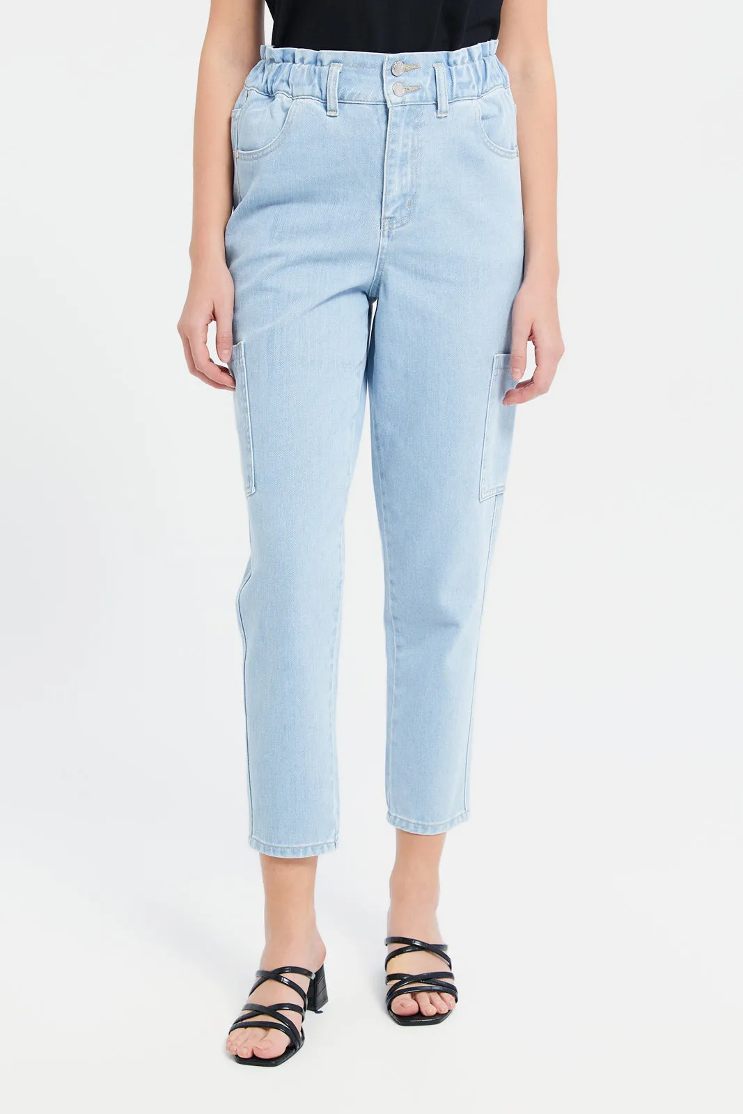 Women Blue Paper Bag Waist Jeans